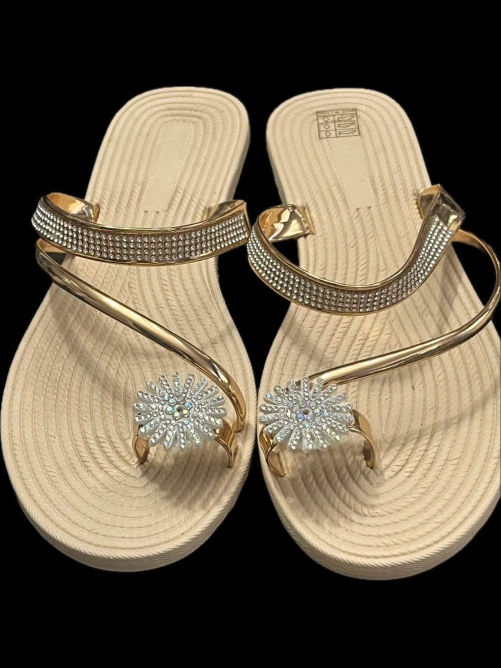Gold rhinestone crystal Aurora borealis flip-flops toe ring flat sandals shoes